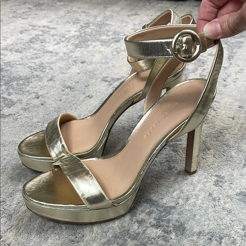 Veronica Beard Darcelle Platform Stiletto Sandal Heels Metallic Gold Sz 9.5